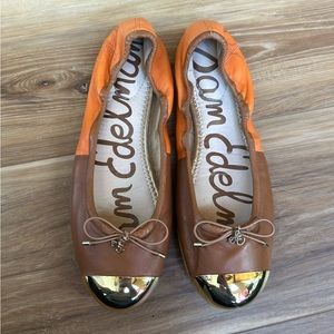 Sam Edelman Fairleigh Orange Tan  Gold Cap Toe Flats  Size 7.5